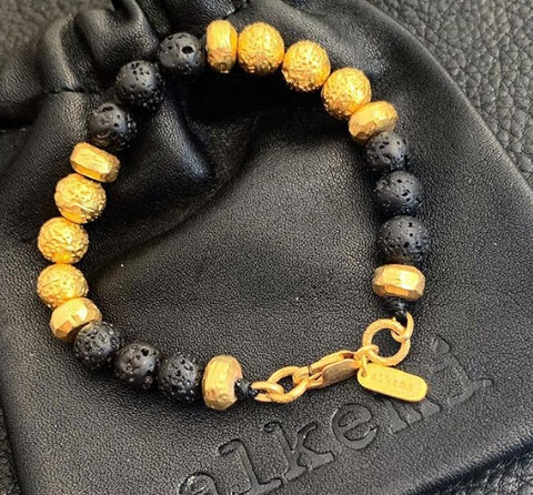 Lava Stone Bead Bracelet with Gold Plated Sterling Silver cast beads. - Alkemi Designs